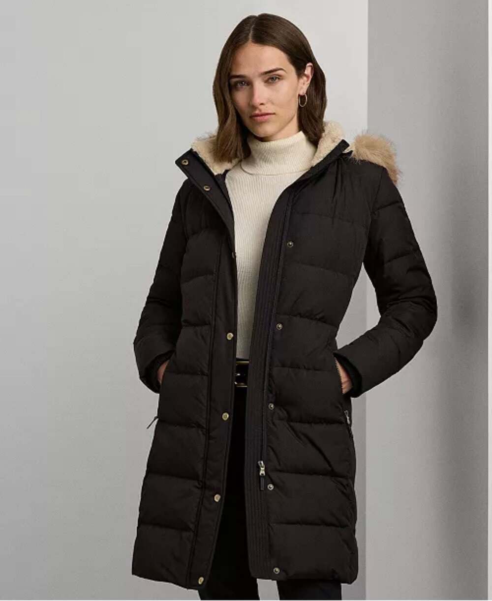 Ralph Lauren Women's Black Down Puffer Coat Faux Fur Hood RL Lining Size M